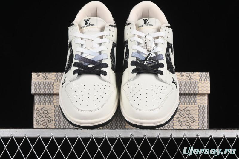 Nike SB Dunk Low LV Collaboration - Beige Black Printed Denim Anniversary High-End Custom Low-Top Casual Skate Shoes - XB3802-357