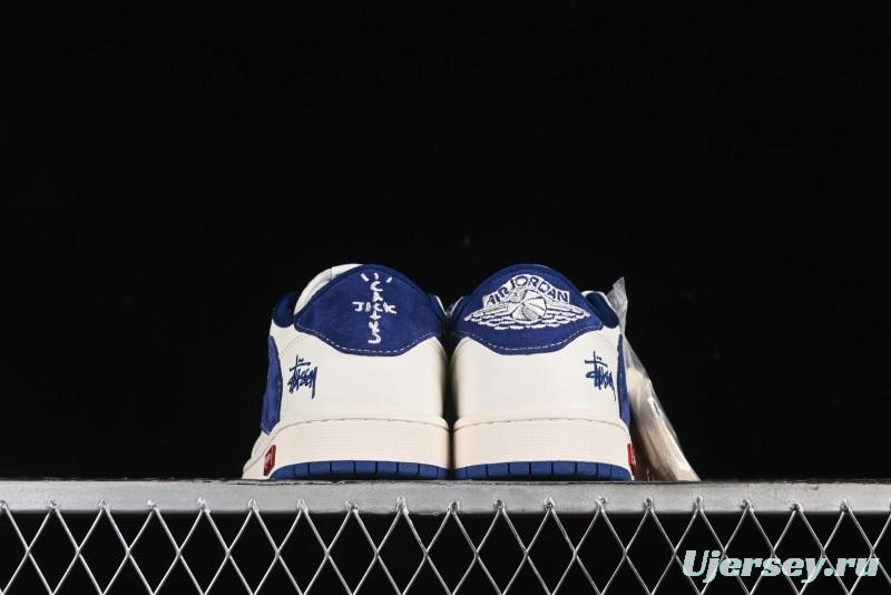 Nike Travis Scott x Fragment Design x Air Jordan 1 Low OG SP AJ1 Supreme Stussy Collaboration - Suede Blue Swoosh Low-Top Casual Sneakers - SJ2068-127