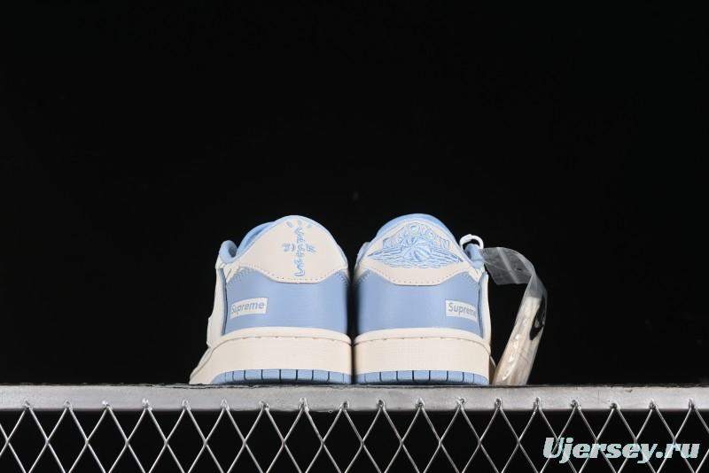 Nike Travis Scott x Fragment Design x Air Jordan 1 Low OG SP AJ1 Supreme Collaboration - White Blue Lettering Low Top Casual Sneakers - XY2688-116