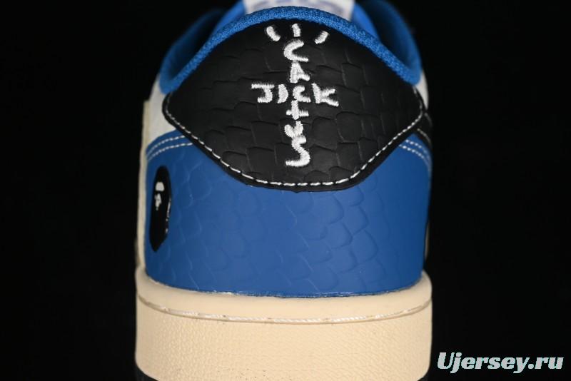 Nike Travis Scott x Fragment Design x Air Jordan 1 Low OG SP AJ1 Bape Collaboration - Crocodile Leather Black White Blue Low Top Casual Sneakers - XZ2828-001