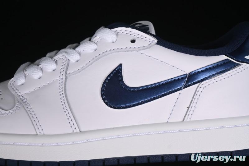 Nike Air Jordan 1 Low 85 Retro Sneakers in White with Metallic Blue Swoosh - FB9933-141