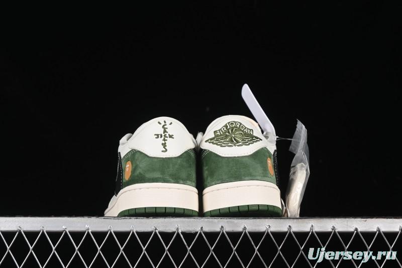 Nike Travis Scott x Fragment Design x Air Jordan 1 Low OG SP AJ1 Bape Collaboration - Jungle Green Low Top Casual Sneakers - XY2688-107