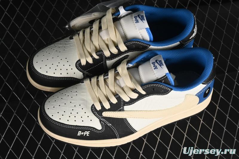 Nike Travis Scott x Fragment Design x Air Jordan 1 Low OG SP AJ1 Bape Collaboration - Crocodile Leather Black White Blue Low Top Casual Sneakers - XZ2828-001