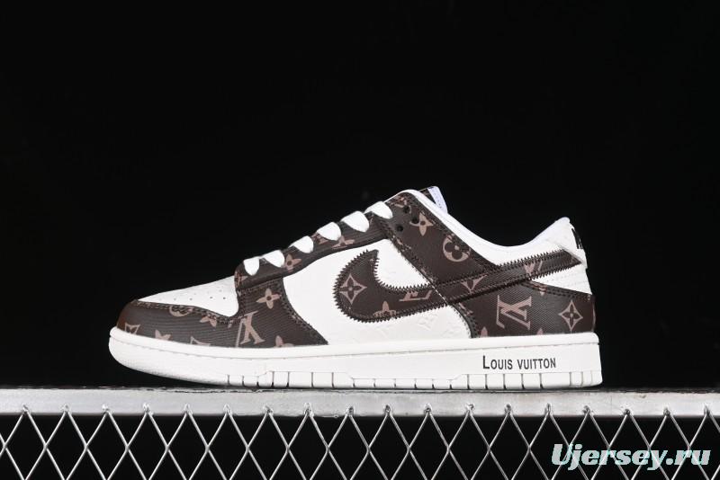 Nike SB Dunk Low LV Collaboration - Embossed White Brown Print Anniversary High-End Custom Low-Top Casual Sneakers - DQ1098-360