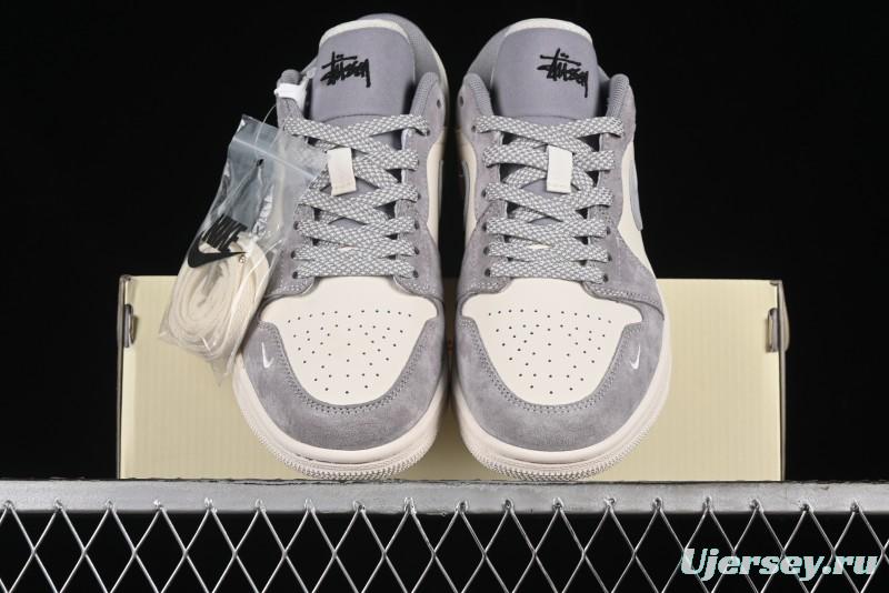 Nike Air Jordan 1 Low Stussy Collaboration - Light Bone Grey Dual-Tone Premium Custom Retro Basketball Shoes - SJ9950-045