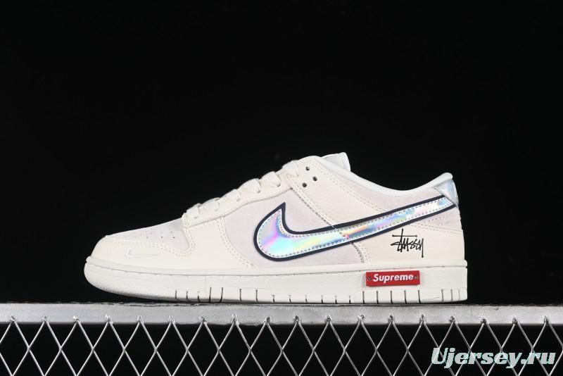 Nike SB Dunk Low Supreme x Stussy Triple Collaboration - Beige Silver Swoosh Anniversary Custom Low-Top Casual Skate Shoes - KK1333-005