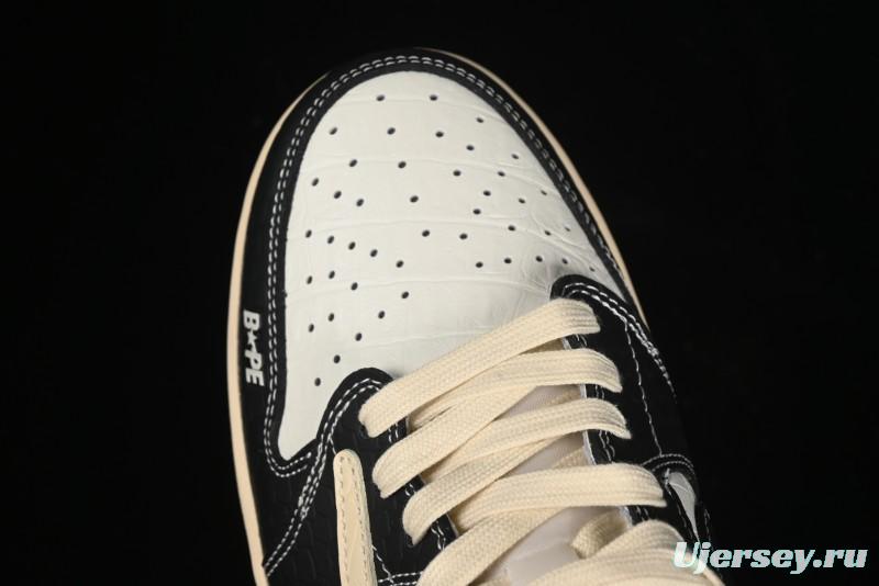 Nike Travis Scott x Fragment Design x Air Jordan 1 Low OG SP AJ1 Bape Collaboration - Crocodile Leather Black White Blue Low Top Casual Sneakers - XZ2828-001