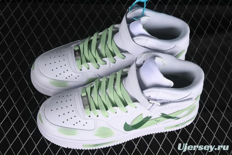 Nike Air Force 1 '07 Mid Hand-Painted White Green with Swoosh Shadow and Strap - CW2289-111