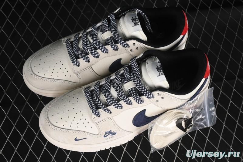 Nike SB Dunk Low Supreme x Stussy Triple Collaboration - Off White Navy Swoosh Anniversary Custom Low-Top Casual Sneakers - SJ2068-301