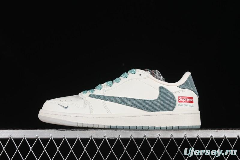 Nike Travis Scott x Fragment Design x Air Jordan 1 Low OG SP AJ1 Supreme Collaboration - Green Canvas Swoosh Low-Top Casual Sneakers - JH6088-706