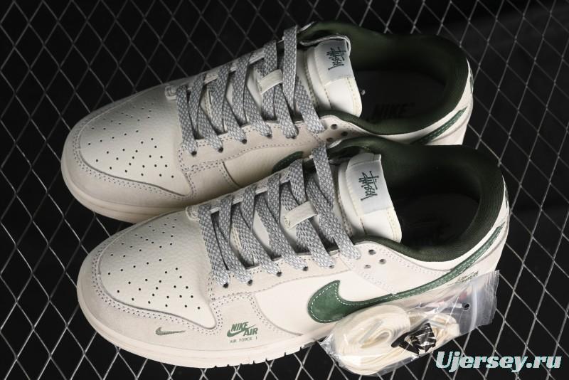 Nike SB Dunk Low Supreme x Stussy Triple Collaboration - Off White Green Swoosh Anniversary Custom Low-Top Casual Sneakers - SJ2068-303