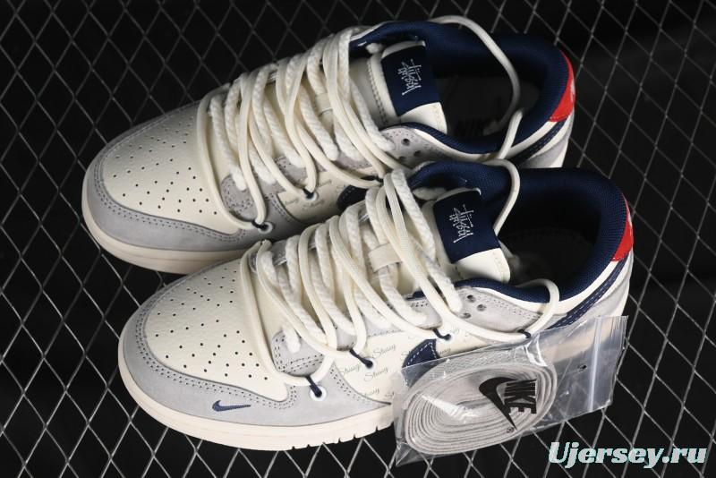 Nike SB Dunk Low Stussy Collaboration - Lace-Up Off White Navy Swoosh Anniversary High-End Custom Low-Top Casual Sneakers - SJ2068-308