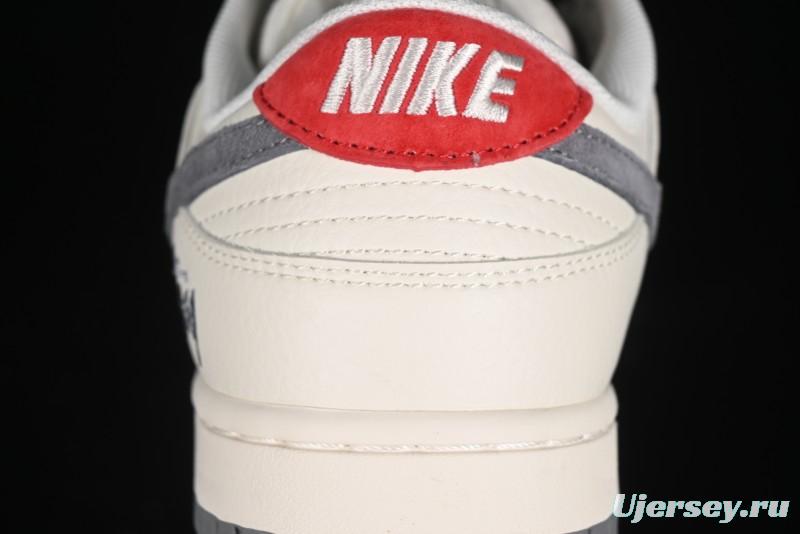 Nike SB Dunk Low Stussy Collaboration - Grey Pigskin Red Tail Anniversary High-End Custom Low-Top Casual Skate Shoes - XY2025-015