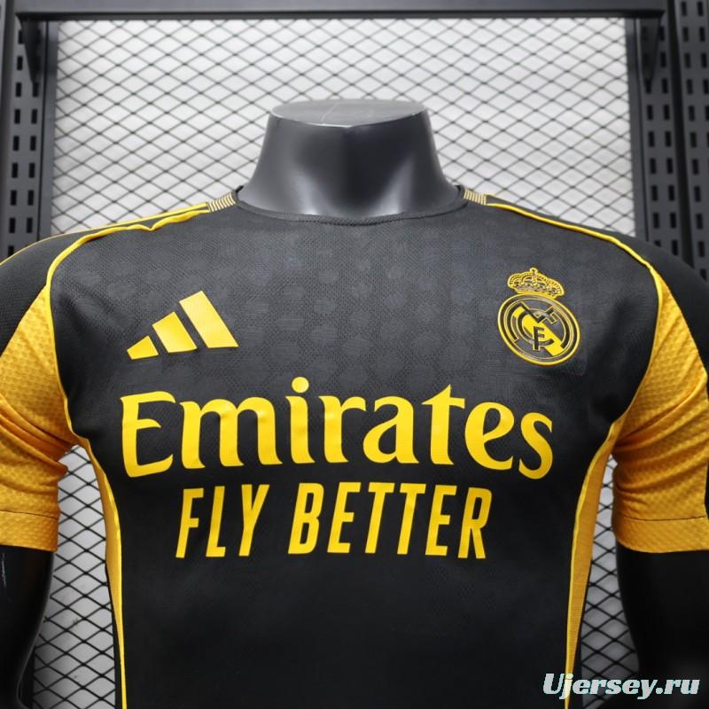 Player Version 25/26 Real Madrid Black with Gold Accents and Emirates Sponsor Jersey