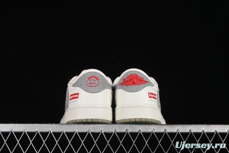 Nike Travis Scott x Fragment Design x Air Jordan 1 Low OG SP AJ1 Supreme Collaboration - Light Grey Denim Two-Tone Low-Top Casual Sneakers - JH6088-705