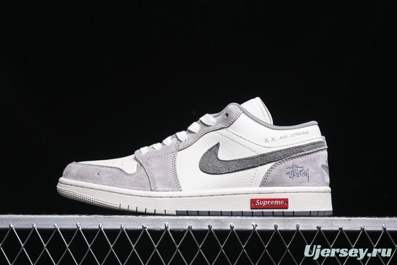 Nike Air Jordan 1 Low Stussy Collaboration - Grey White Dual-Tone Red Tag Retro Basketball Shoes - SJ9950-031