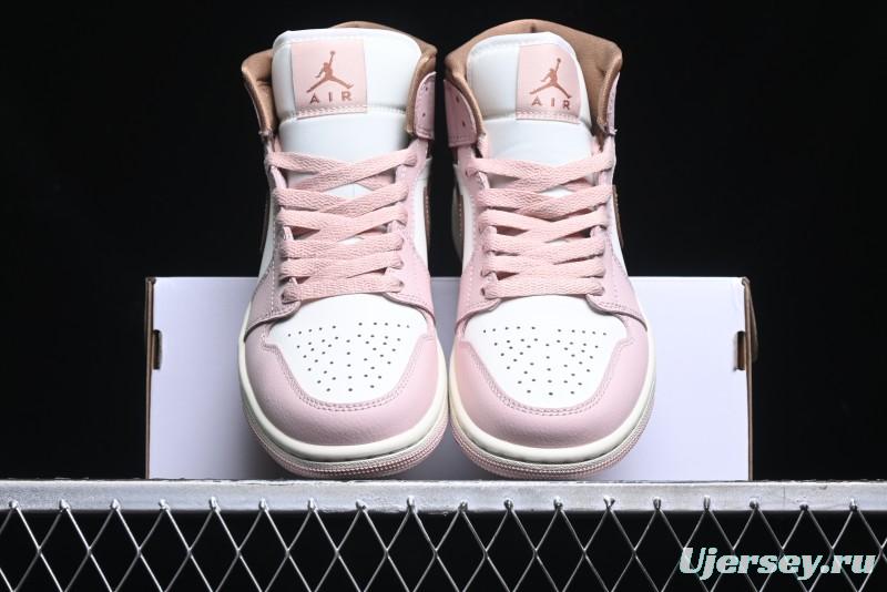 Nike Air Jordan 1 Mid AJ1 Basketball Shoes in Khaki Pink - BQ6472-620