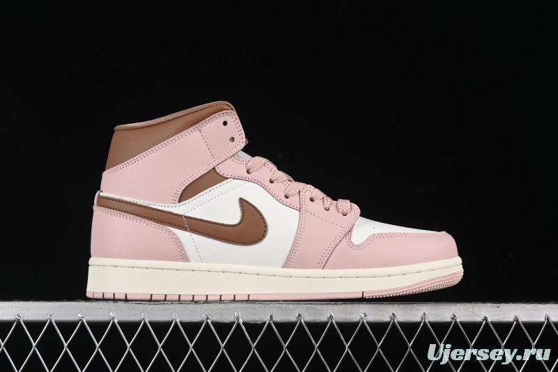Nike Air Jordan 1 Mid AJ1 Basketball Shoes in Khaki Pink - BQ6472-620