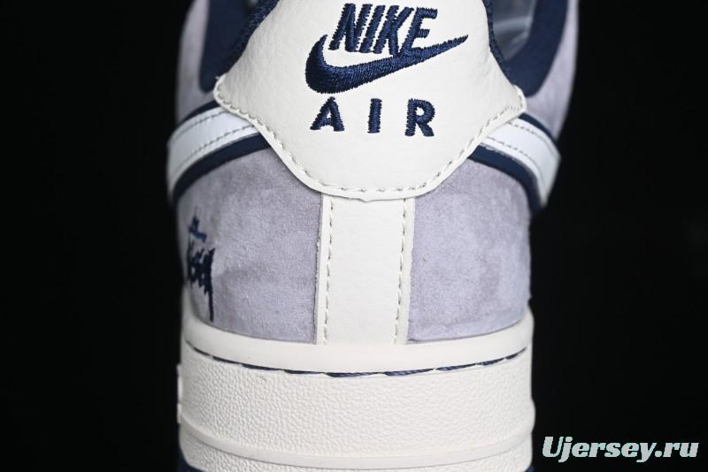 Nike Air Force 1 '07 Low Stussy Collaboration - Grey White with Blue Outsole Low-Top Casual Sneakers - SJ6698-006