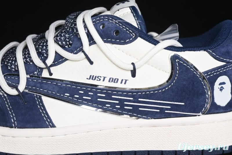 Nike Travis Scott x Fragment Design x Air Jordan 1 Low OG SP AJ1 Bape Collaboration - Klein Blue Lace-Up Low-Top Casual Sneakers - XS3186-201