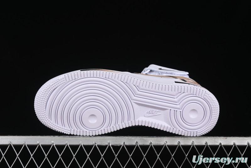 Nike Air Force 1 '07 Mid Hand-Painted White Black Brown with Swoosh Shadow Strap Mid-Top Casual Sneakers - CW2289-111