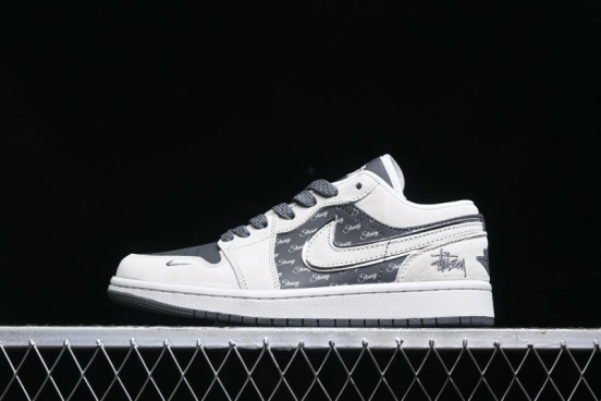 Nike Air Jordan 1 Low Stussy Collaboration - Grey Pigskin Black Base Retro Basketball Shoes - XX3318-968