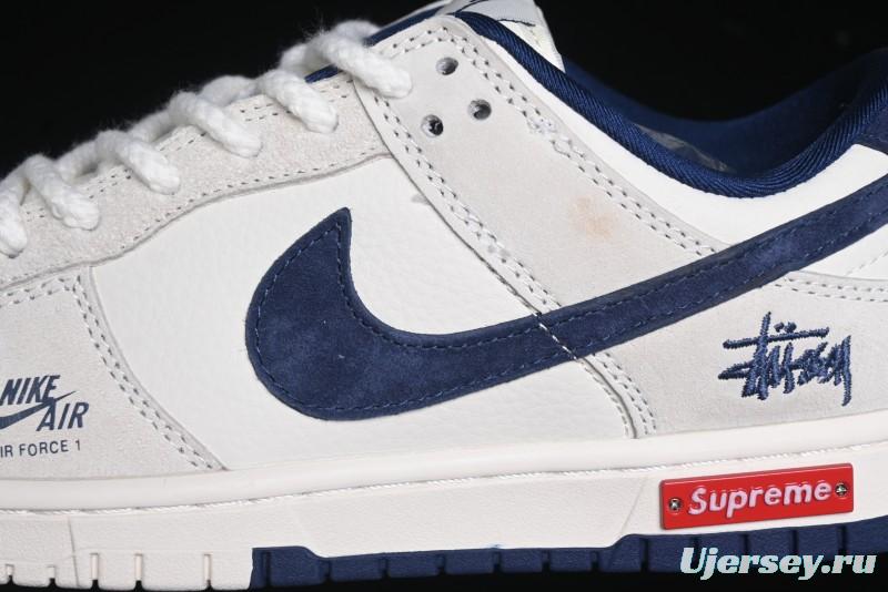 Nike SB Dunk Low Supreme x Stussy Triple Collaboration - Off White Navy Swoosh Anniversary High-End Custom Low-Top Casual Skate Shoes - SJ2068-271