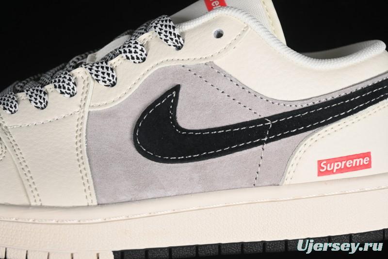 Nike Air Jordan 1 Low Supreme Collaboration - Dual-Tone Black Swoosh Custom Retro Basketball Shoes - SJ9950-043