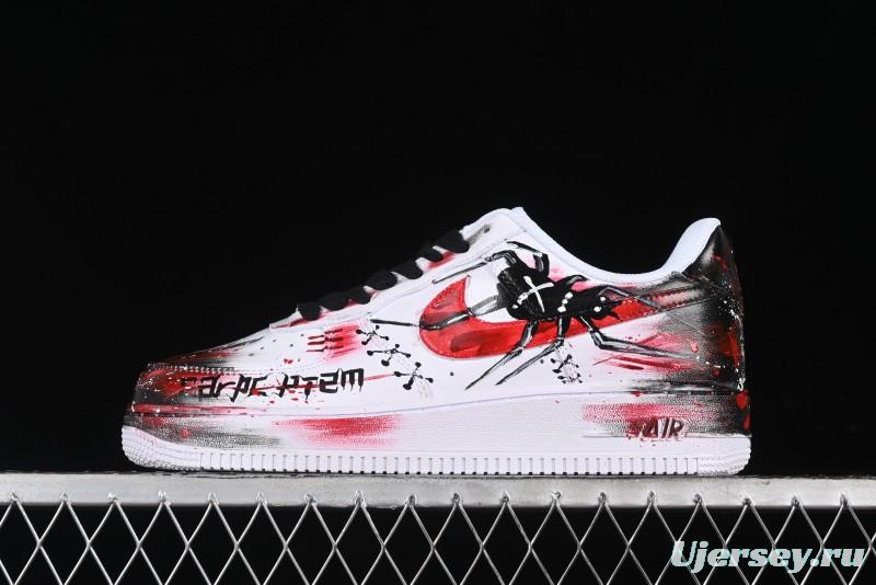 Nike Air Force 1 '07 Low Casual Sneakers with 2D Black and White Hand-Painted Blood Night Stitching Design - CW8822-011