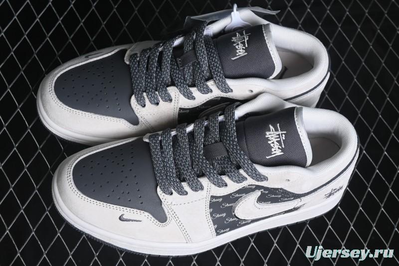 Nike Air Jordan 1 Low Stussy Collaboration - Grey Pigskin Black Base Retro Basketball Shoes - XX3318-968