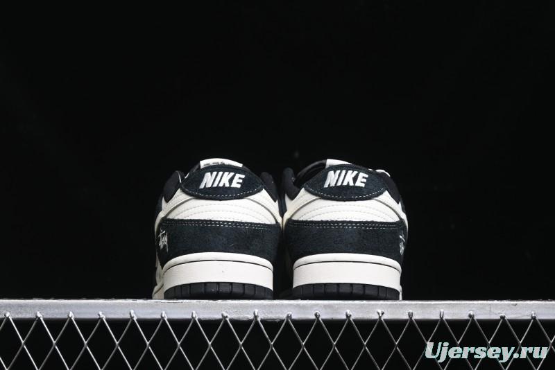 Nike SB Dunk Low Stussy Collaboration - Black White Mini Swoosh Anniversary Custom Low-Top Casual Skate Shoes - XY1688-017