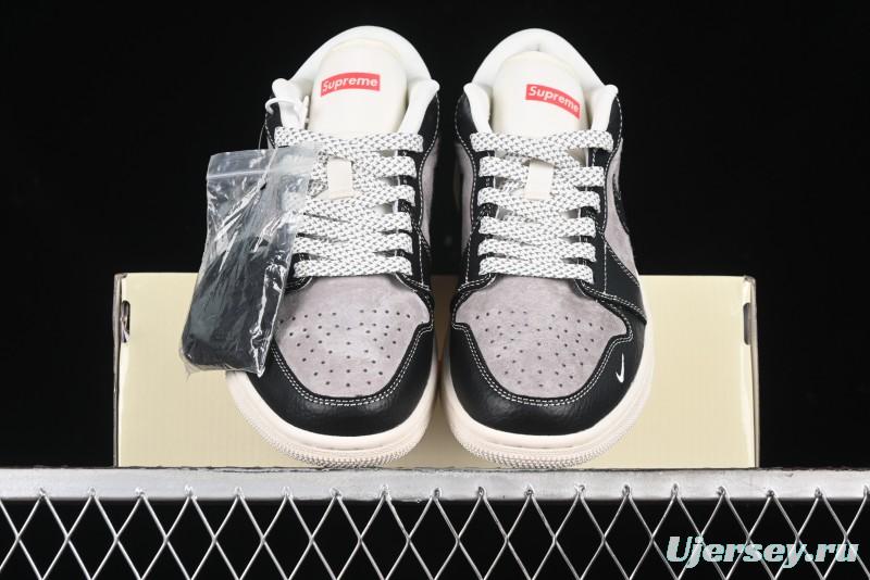 Nike Air Jordan 1 Low Supreme Collaboration - Black Grey Pigskin Two-Tone High-End Custom Retro Basketball Shoes - SJ9950-032