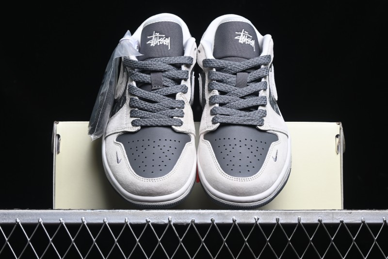 Nike Air Jordan 1 Low Stussy Collaboration - Grey Pigskin Black Base Retro Basketball Shoes - XX3318-968