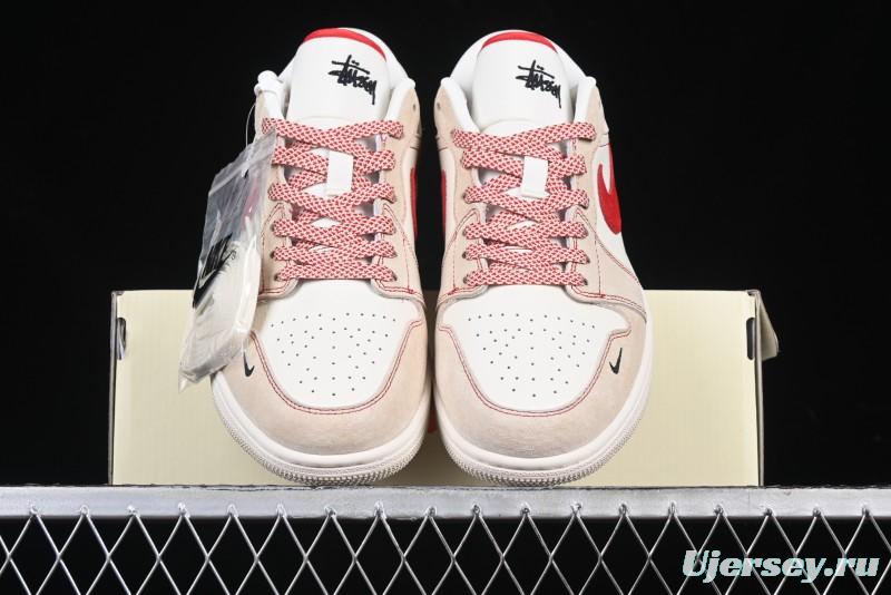 Nike Air Jordan 1 Low Stussy Collaboration Khaki Red Hook Retro Basketball Shoes - SJ9950-040