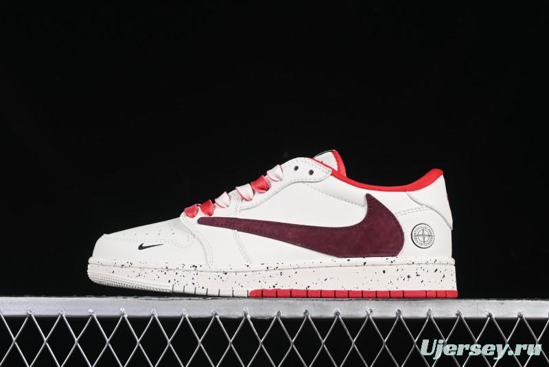 Nike Travis Scott x Fragment Design x Air Jordan 1 Low OG SP AJ1 Stone Island Collaboration Pomegranate Red Low-Top Casual Sneakers - CF3688-077