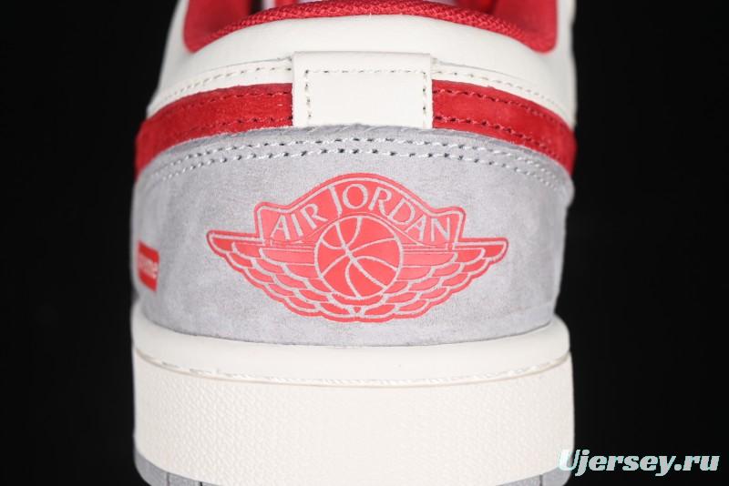 Nike Air Jordan 1 Low AJ1 Supreme Collaboration - White Grey Red Swoosh Retro Basketball Shoes - SJ9950-024