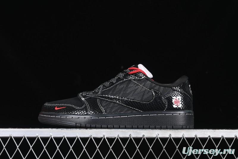 Nike Travis Scott x Fragment Design x Air Jordan 1 Low OG SP AJ1 Year of the Snake Limited Black Snake Web Low Top Casual Sneakers - CH6336-018