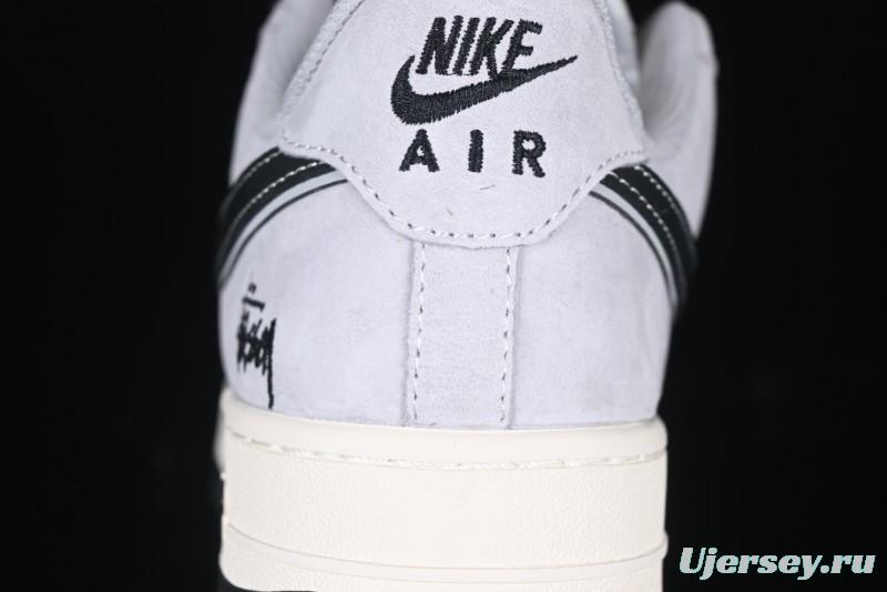 Nike Air Force 1 '07 Low Stussy Collaboration Grey Pigskin Black Swoosh Low-Top Casual Sneakers - XZ3318-099