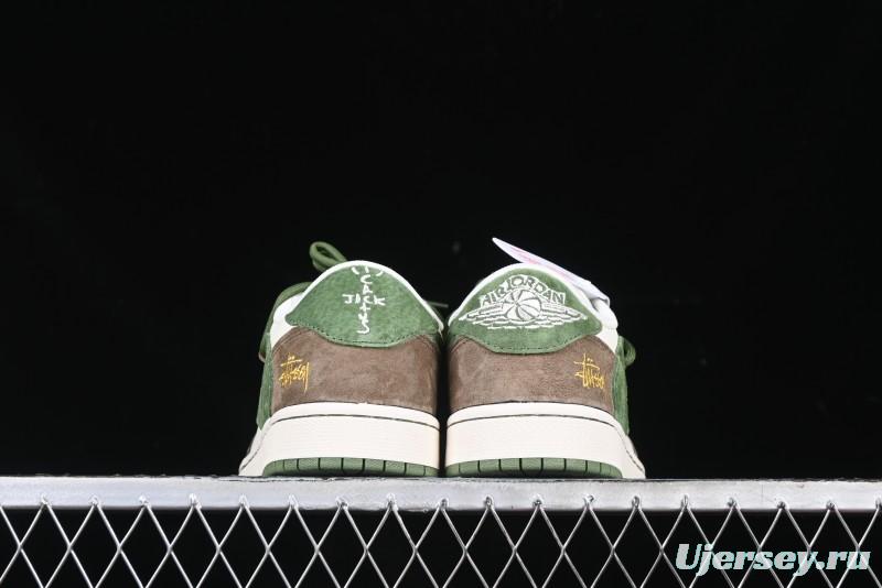 Nike Travis Scott x Fragment Design x Air Jordan 1 Low OG SP AJ1 Stussy Collaboration Suede Green Low Top Casual Sneakers - XS3186-202