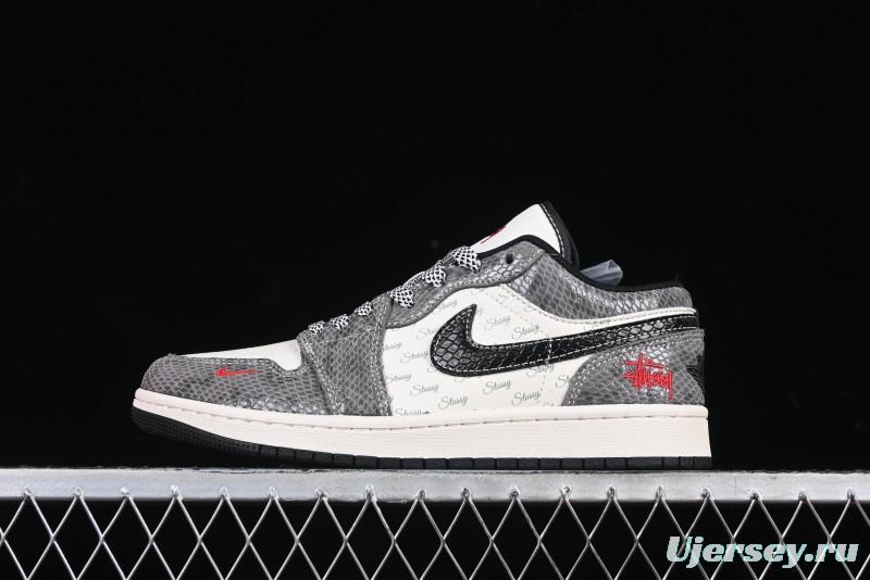 Nike Air Jordan 1 Low Retro Basketball Shoes with Custom Stussy Grey Snake Design - FC1688-202