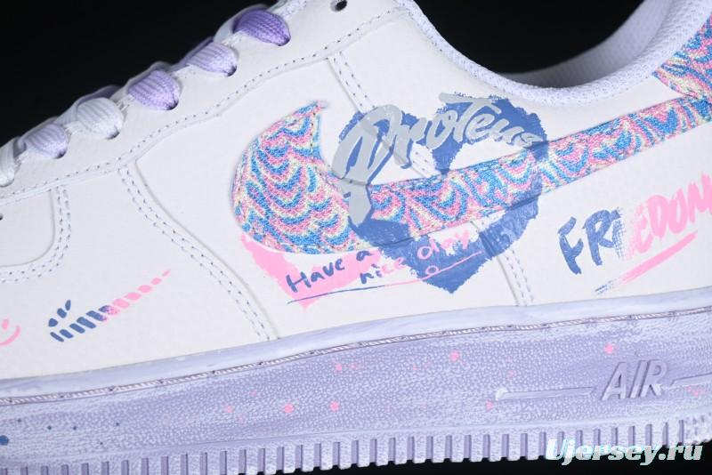 Nike Air Force 1 '07 Low Double Hearts Casual Sneakers with Hand-Drawn Anime Doodle and Pink Blue Hearts - CZ0377-002
