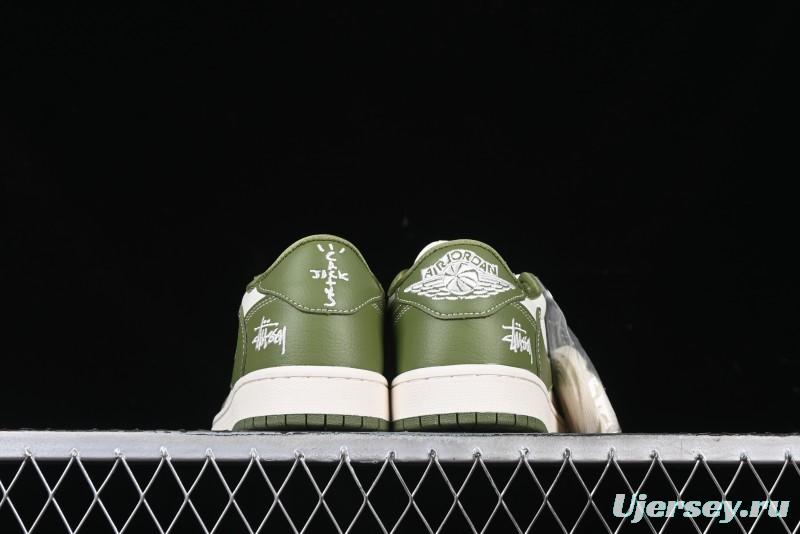 Nike Travis Scott x Fragment Design x Air Jordan 1 Low OG SP AJ1 Stussy Collaboration Bamboo Green Low-Top Casual Sneakers - BB1199-201