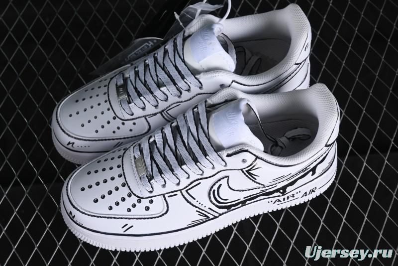 Nike Air Force 1 '07 Low Casual Sneakers with Black and White Hand-Drawn Manga Design - CW2288-811