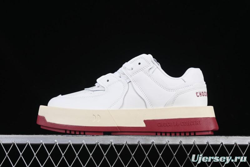 Choco Concert Leather Round Square Asymmetric Fashion Sneakers White Wine Red - AJE5