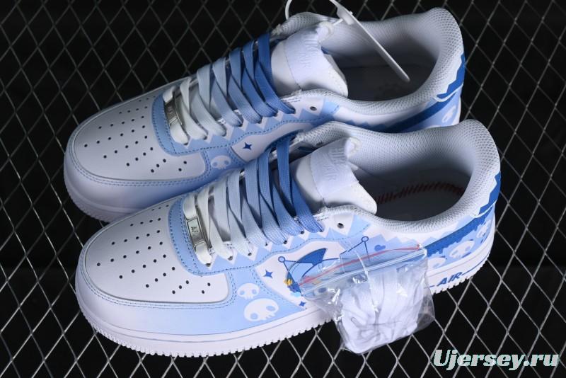 Nike Air Force 1 '07 Low Witch Collaboration Custom Leather Sneakers with Skull Design and Gradient White-Blue - CW2288-111