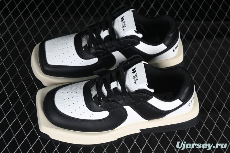 Choco Concert Leather Round Square Asymmetric Fashion Sneakers Black White - AJE5