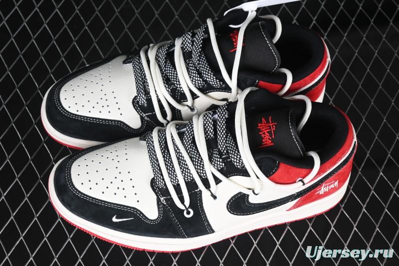 Nike Air Jordan 1 Low Stussy Collaboration - Black Red Custom High-End Retro Basketball Shoes - SJ9950-048