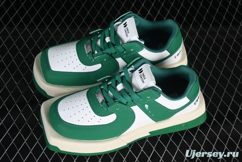 Choco Concert Leather Round Square Asymmetric Fashion Sneakers White Green - AJE5