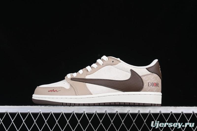 Nike Travis Scott x Fragment Design x Air Jordan 1 Low OG SP AJ1 Snake Year Limited Brown Snake Print Low Top Casual Sneakers - DM7866-074