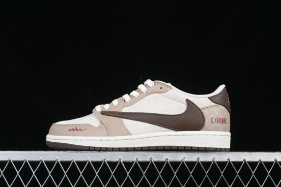 Nike Travis Scott x Fragment Design x Air Jordan 1 Low OG SP AJ1 Snake Year Limited Brown Snake Print Low Top Casual Sneakers - DM7866-074